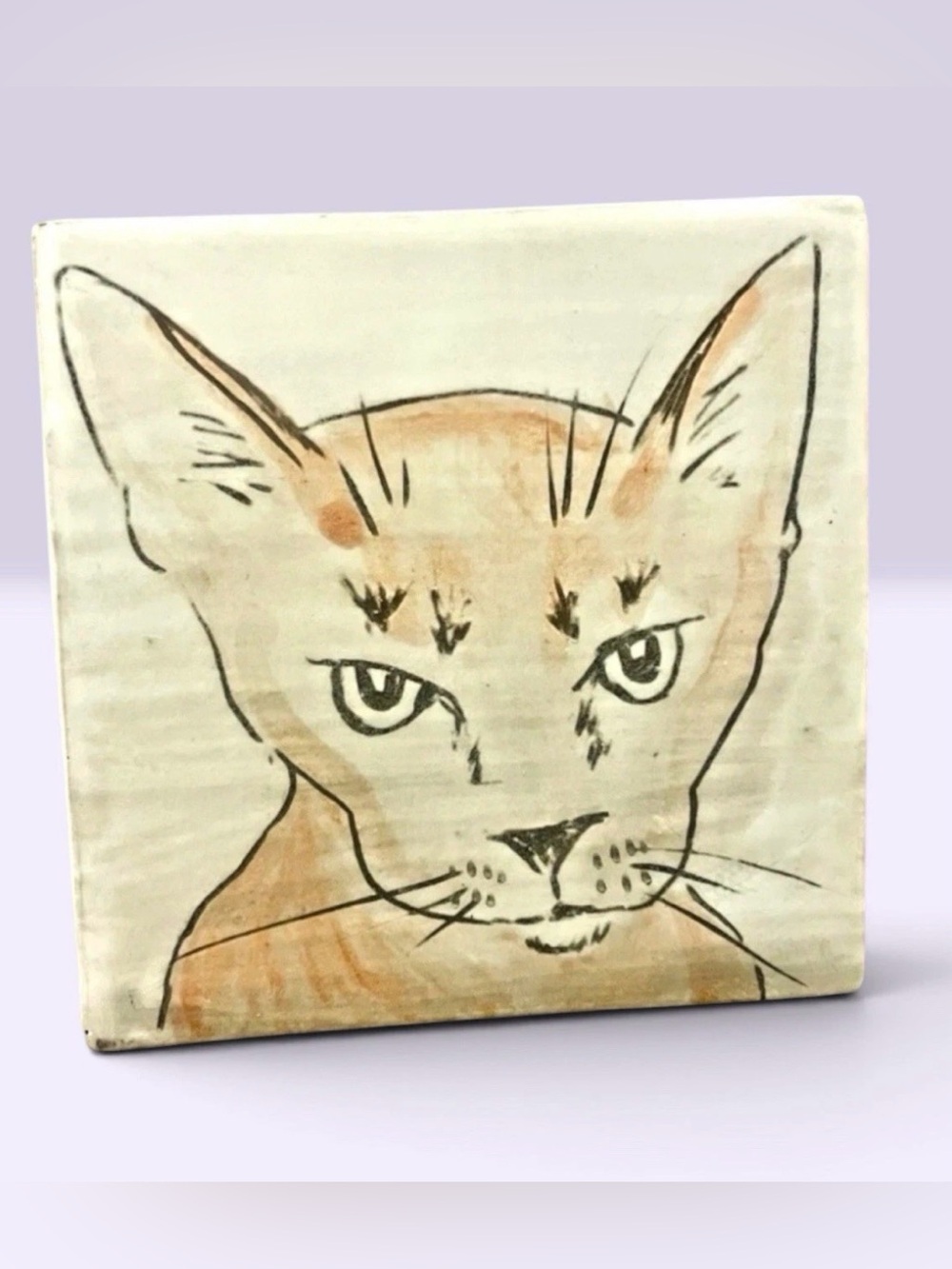 Hand-Painted Orange Cat Ceramic Art Tile / Trivet Signed 4"